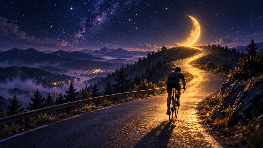 Rowerzysta jadący nocą pod górę w stronę księżyca