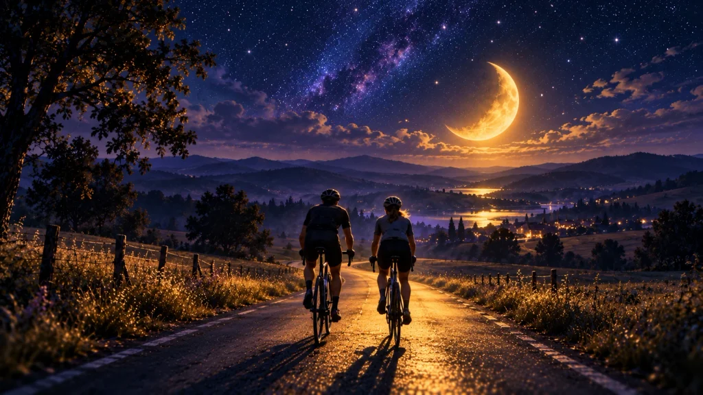 Dwoje rowerzystów jadących obok siebie nocą pod gwiazdami