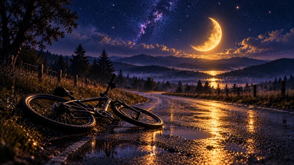 Rower leżący na mokrej drodze nocą w świetle księżyca